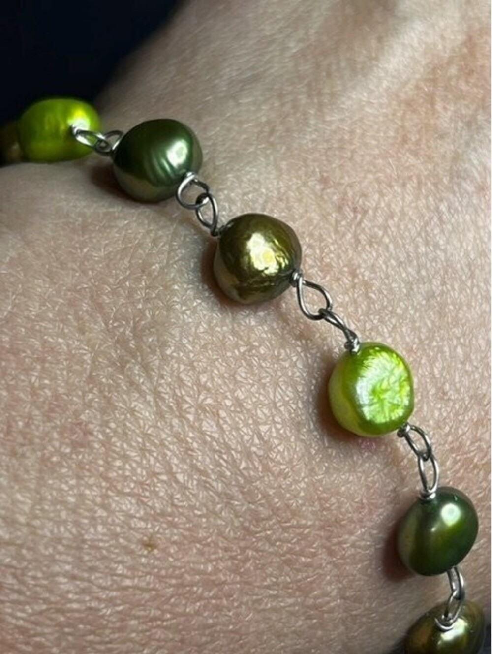 B6101 Baroque Freshwater Pearl Bracelet Sterling Silver Wire Wrap Green Gold